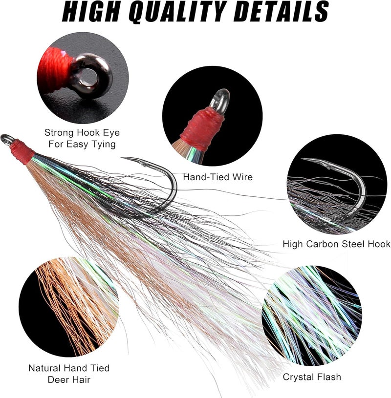 FUSIGO Bucktail Teasers Fishing Hooks Saltwater, 10pcs Fishing Teaser Lures Crystal Mylar Flash Teasers Jig Hooks for Flounder Salmon Trout Striped Sea Bass Bluefish - Image 2